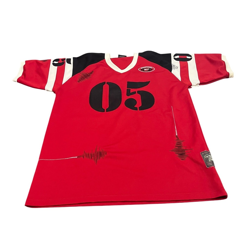 FUBU Sports Collection Jersey Mens L Red Black 05 Vintage V-Neck Short Sleeve